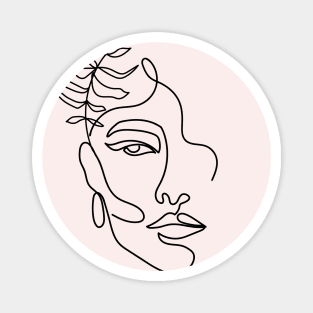 Minimal woman line art. One line woman face with tropical leaf. Magnet